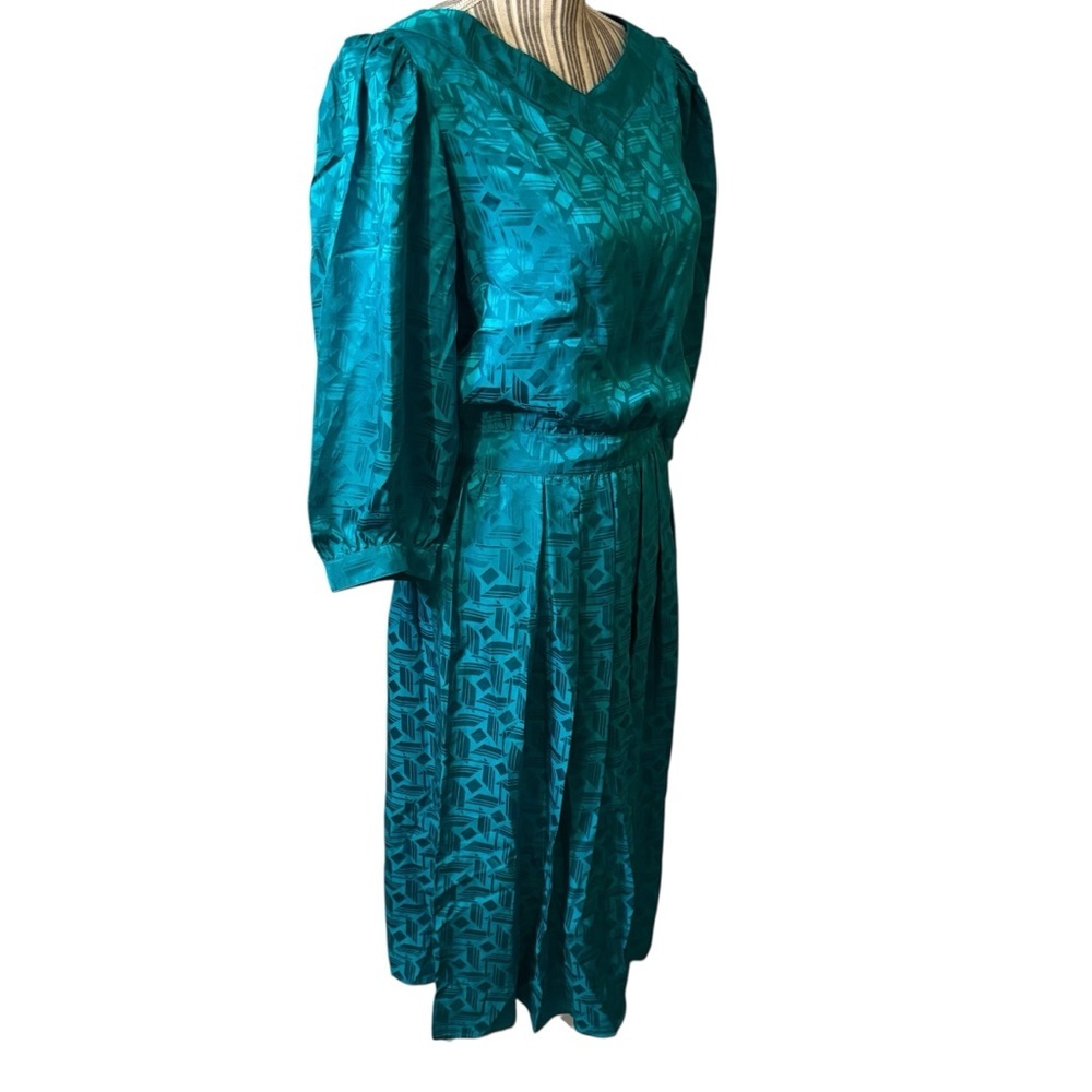 Vintage Maggy London Dress Sz 12 100% Silk Jeannene Booher Jade Green Sheen Geo - Picture 5 of 15